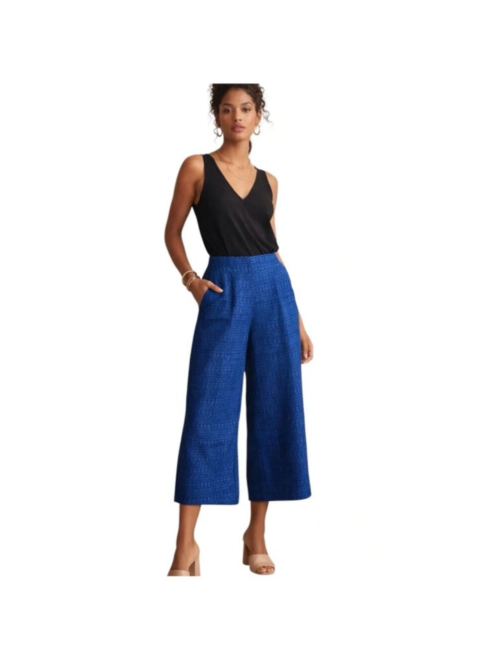 NWT Zara Cobalt Blue Textured Tweed Wide Leg Cropped High Waist Trouser Pants M